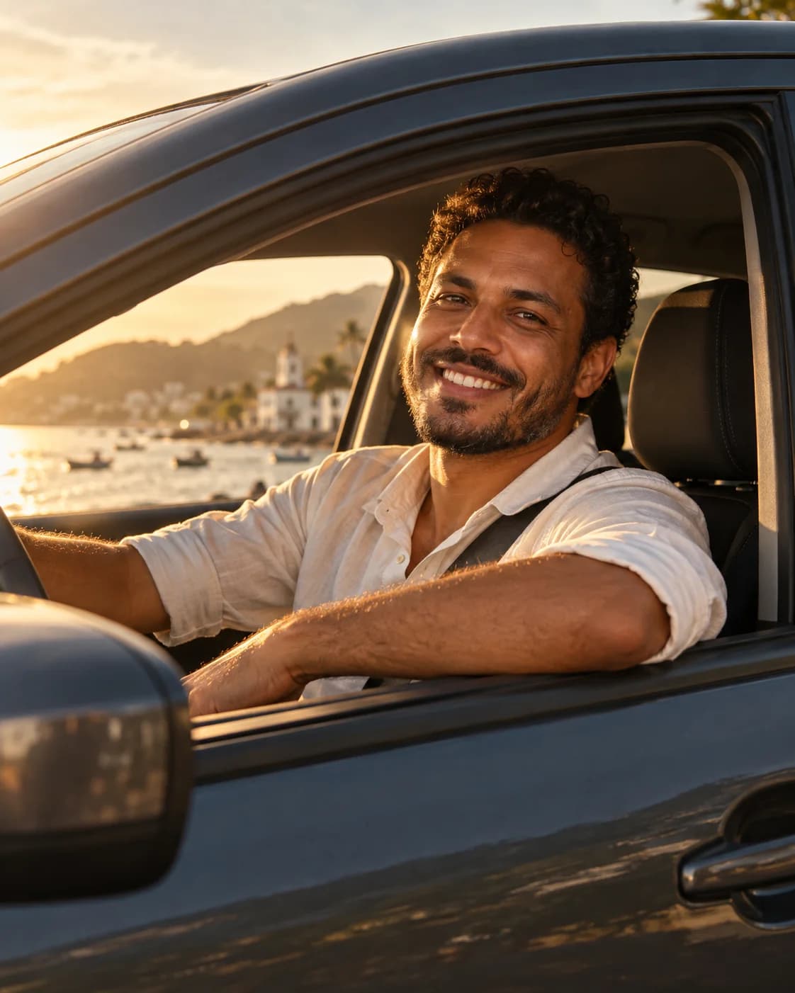 Homem sorrindo ao volante de um carro, com a janela aberta e luz de fim de tarde.